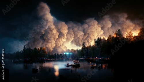 Haze on the lake at night. 3D, Raster illustration.