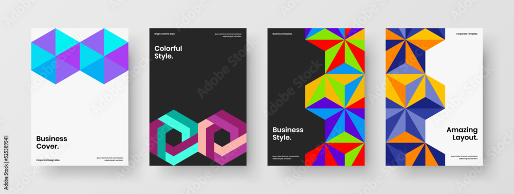 Clean geometric hexagons journal cover layout composition. Isolated annual report design vector template set.