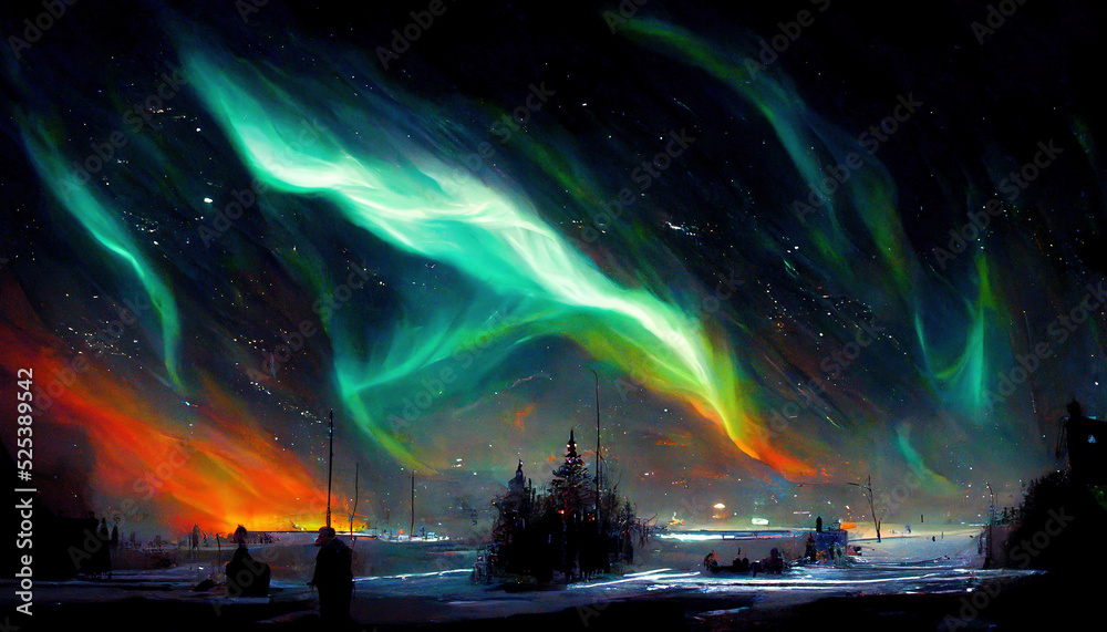 Explosion of warm aurora borealis colors in the night sky with stars - obrazy, fototapety, plakaty 