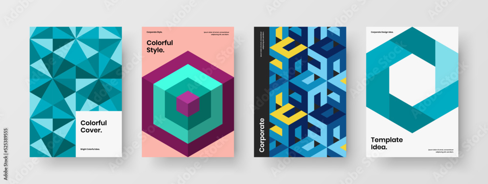 Vivid geometric shapes annual report template composition. Original postcard A4 vector design illustration set.
