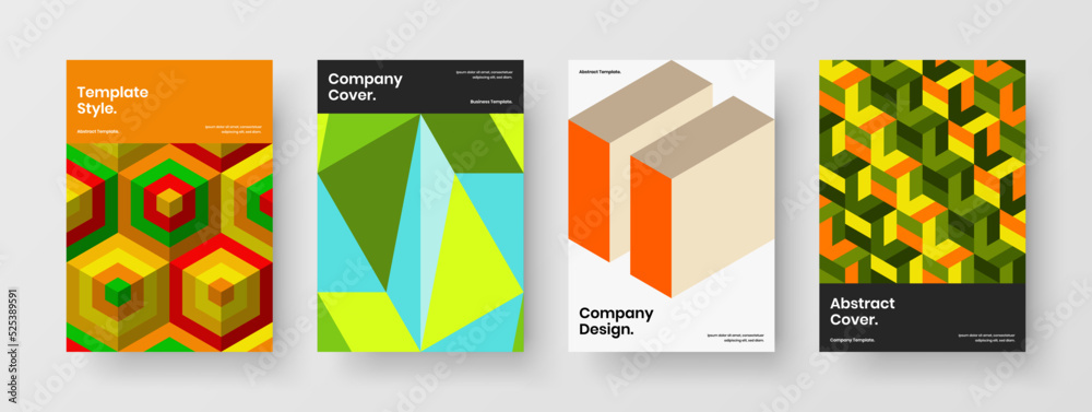 Clean geometric hexagons leaflet template bundle. Colorful handbill design vector layout set.