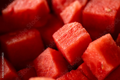 Pieces of red watermelon, full of vitamins, detail of this vegetable, red pieces without seeds, macro photography, sweet tasty melon 