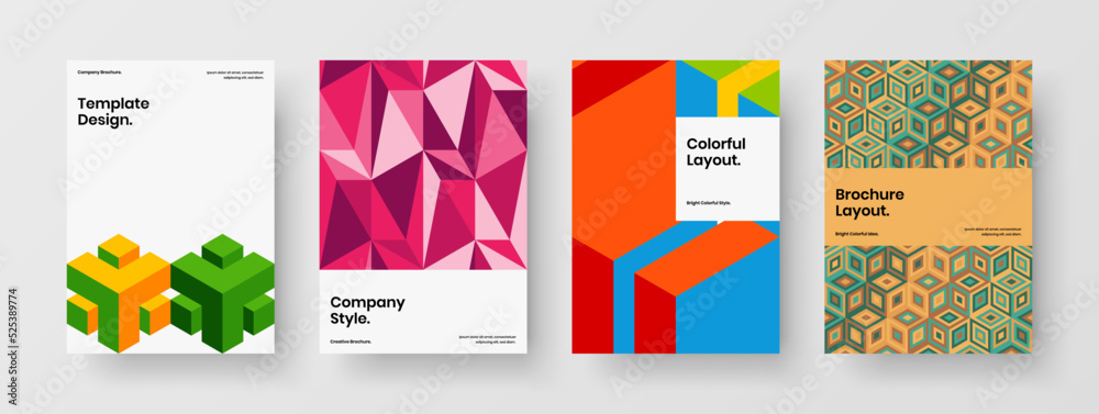 Unique mosaic hexagons booklet concept bundle. Bright placard A4 vector design illustration collection.