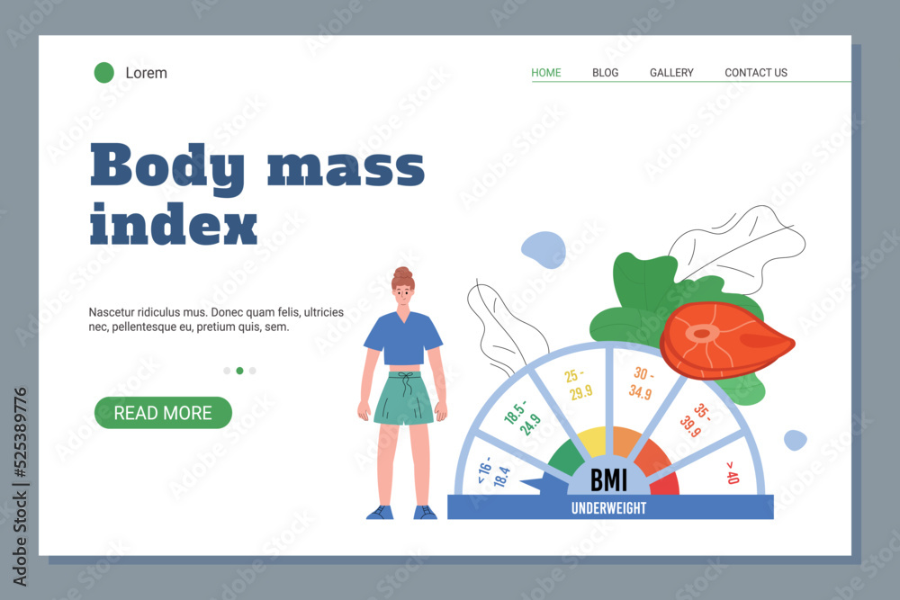 Body mass index website banner design with slim woman character, flat vector.