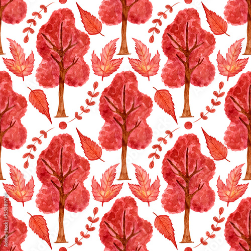 Watercolor bright seamless autumn pattern, red tree and various leaves on white background.