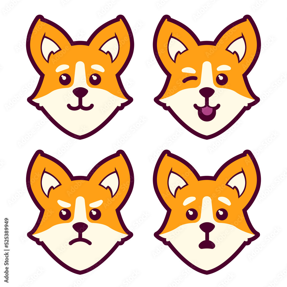 Corgi dog cartoon face set, Cute cartoon corgi puppy, vector illustration