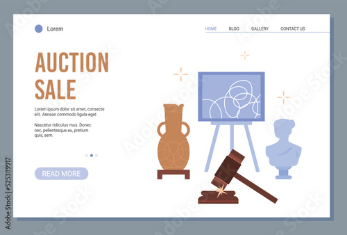 Art auction sale web banner or landing page mockup flat vector illustration.