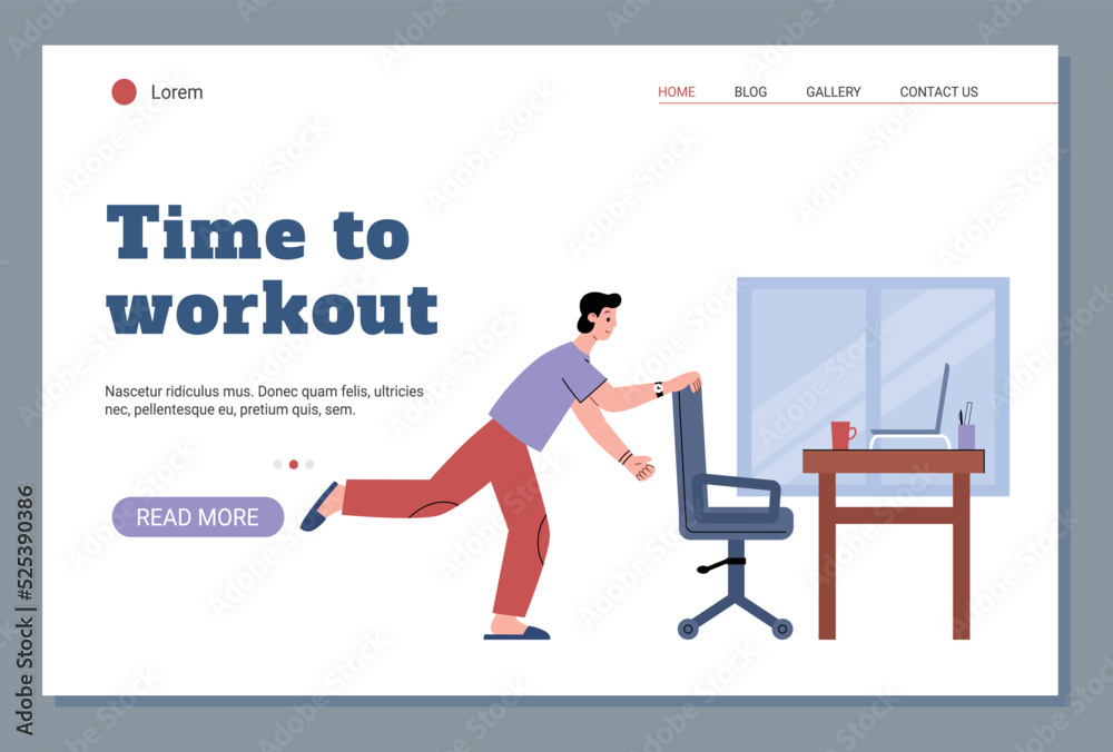 Time to workout webpage with office worker exercising at workplace, flat vector.
