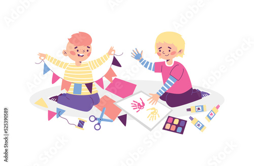 Children perform creative work  flat vector illustration isolated on white.