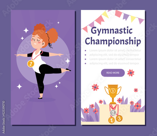Girl, wearing tights, awarded gold medal, stand on one foot in balance at Kids Gymnastic Championship or Classes.