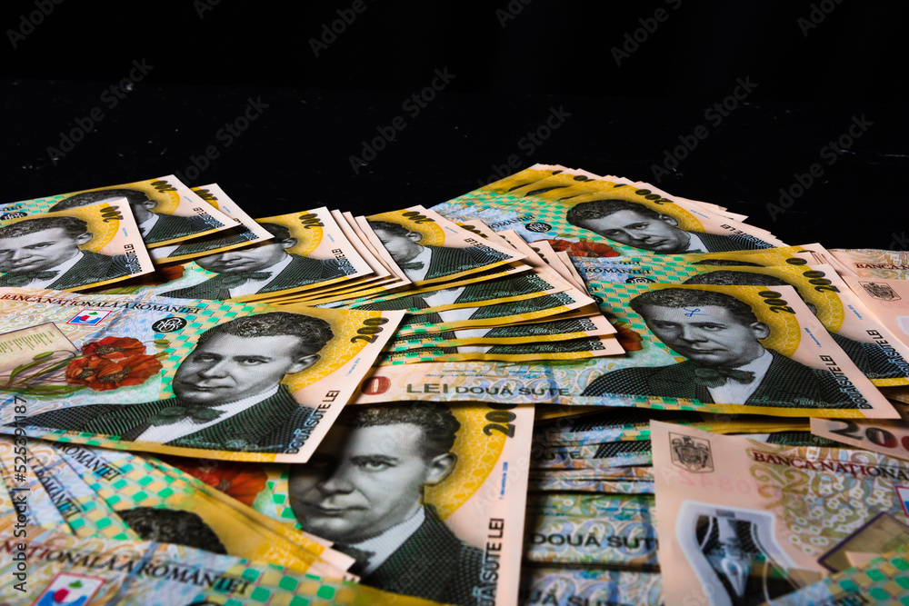 Fototapeta premium Stack of LEI Romanian money. RON Leu Money European Currency