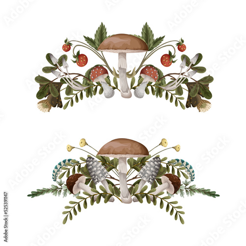 Autumn bouquets with mushrooms, berries and bugs. Natural trendy print