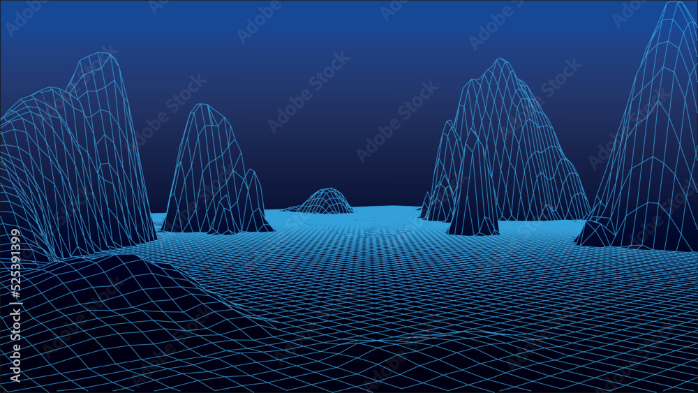Abstract digital landscape. Wireframe landscape background. 3d ...