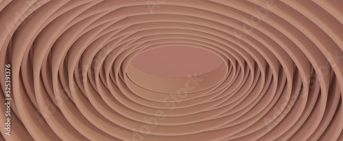 Circle of pink twisted stripes abstract background. Beige rings lines rolled into 3d render futuristic gradient tangle. Elegant structure of modern curved design