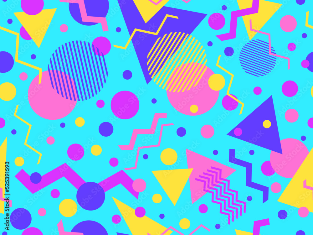 Memphis seamless pattern with geometric shapes in 80s style. Colorful geometric pattern. Design of promotional products, wrapping paper and printing. Vector illustration Memphis seamless pattern with geometric shapes in 80s style. Colorful geometric pattern. Design of promotional products, wrapping paper and printing. Vector illustration