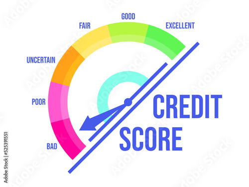 Bad credit score. Credit rating indicator with a direction arrow from bad to excellent, isolated on white background. Credit score gauge. Design for apps and websites. Vector illustration photo