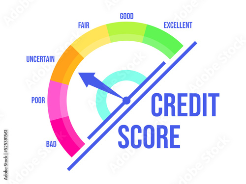 Uncertain credit score. Credit rating indicator with a direction arrow from bad to excellent, isolated on white background. Credit score gauge. Design for apps and websites. Vector illustration