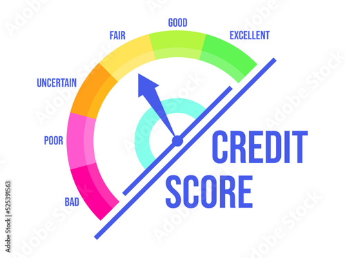 Fair credit score. Credit rating indicator with a direction arrow from bad to excellent, isolated on white background. Credit score gauge. Design for apps and websites. Vector illustration