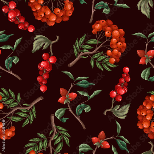 Seamless pattern with berries, such as rowan, blueberries and other. Vector.