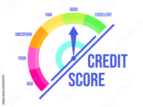 Good credit score. Credit rating indicator with a direction arrow from bad to excellent, isolated on white background. Credit score gauge. Design for apps and websites. Vector illustration