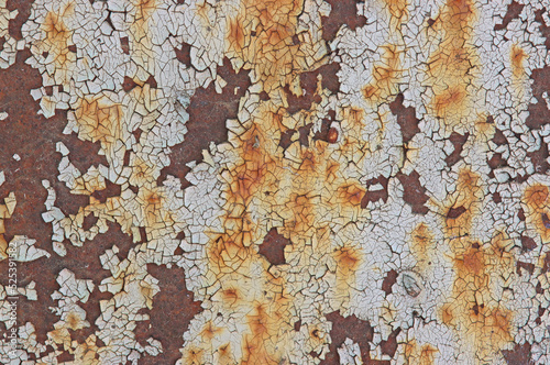 The texture of rusty iron with pieces of old paint.