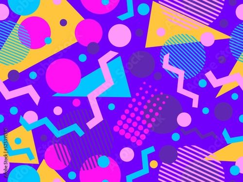 Geometric seamless pattern with memphis elements in 80s style. Colorful geometric pattern. Design of promotional products, wrapping paper and printing. Vector illustration