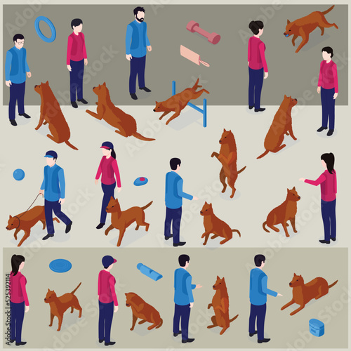 Isometric dog training cynologist set with isolated icons of toys barriers and human characters educating dogs vector illustration 