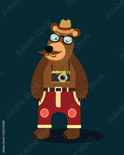 Hipster geek animal teddy bear with glasses mustache and camera vector illustration