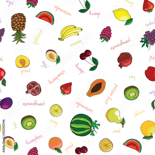 Fototapeta Naklejka Na Ścianę i Meble -  Fresh fruits seamless pattern with pear watermelon kiwi and garnet vector illustration