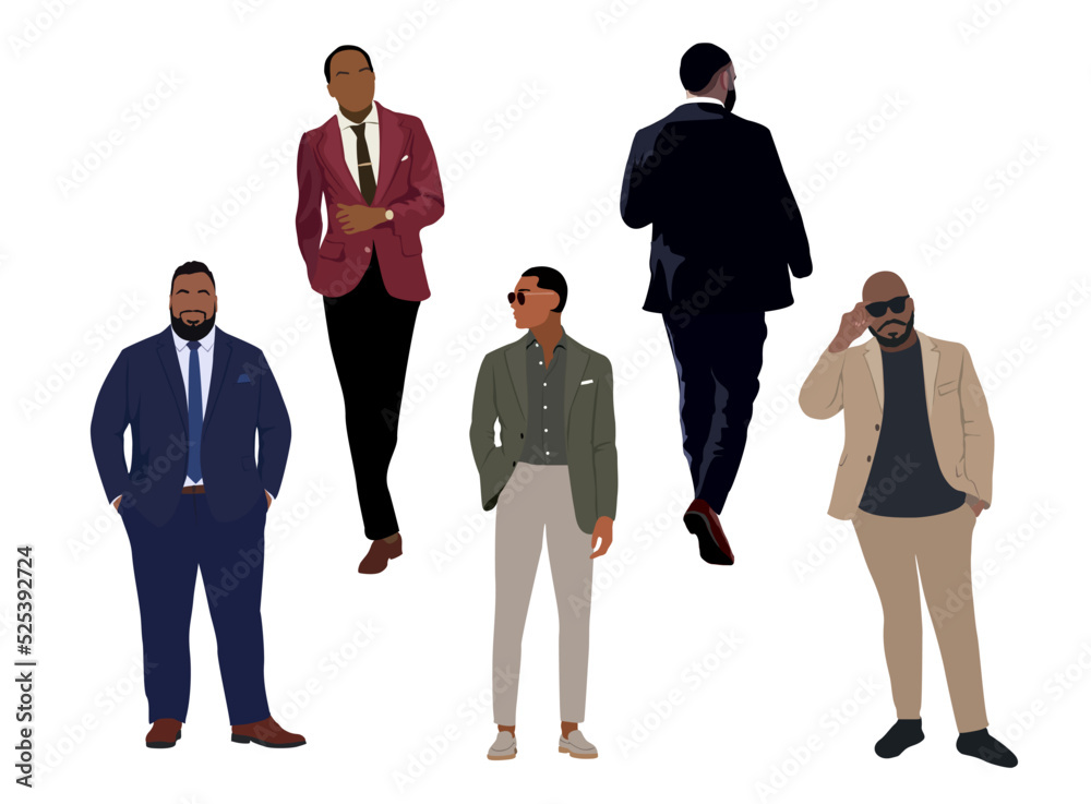 Set of Businessmen in different poses standing and walking, front