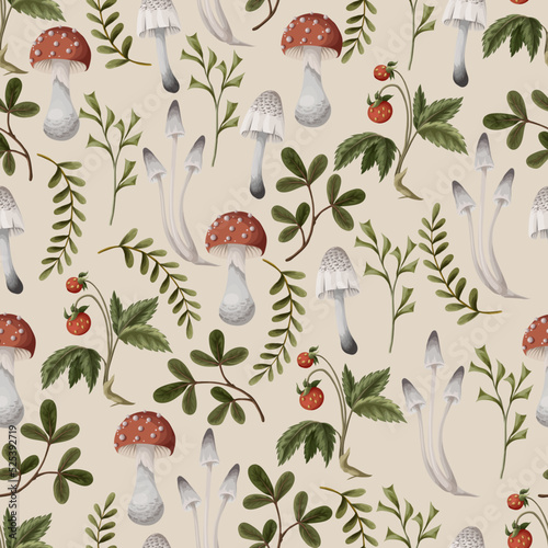 Autumn seamless pattern with mushrooms, berries and bugs. Natural trendy print.