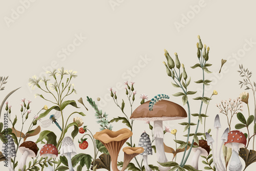 Fotografia Autumn border with mushrooms, berries and bugs