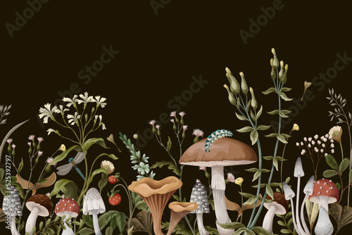 Autumn border with mushrooms, berries and bugs. Natural trendy print.