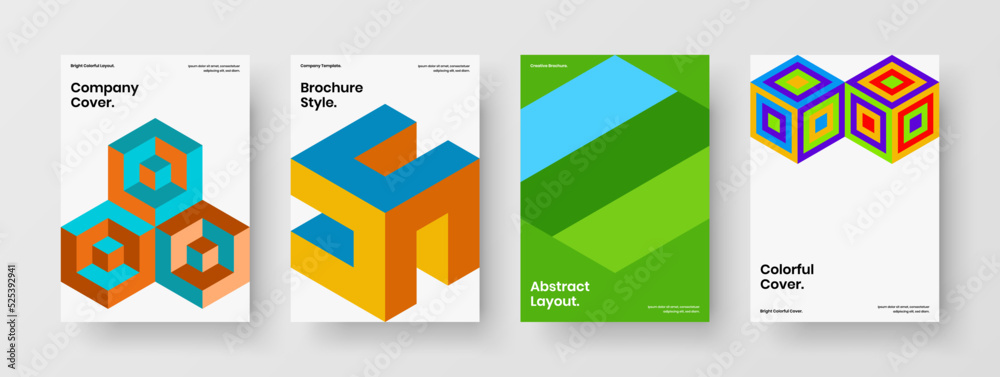 Isolated company brochure design vector illustration composition. Colorful geometric shapes placard concept bundle.