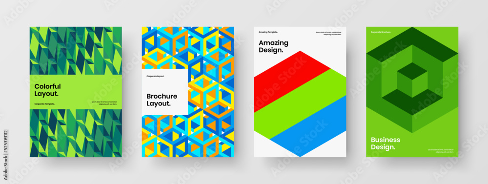 Creative corporate cover A4 design vector illustration set. Minimalistic geometric shapes handbill template collection.