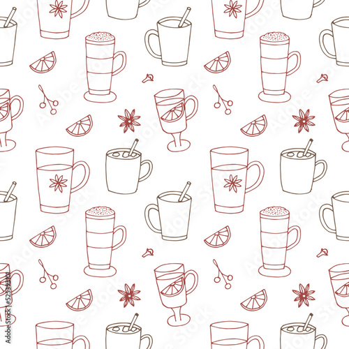 Autumn and winter cozy drinks seamless pattern vector illustration, hand drawing doodles