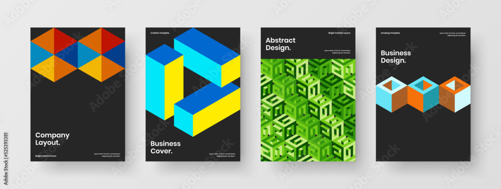 Colorful mosaic hexagons placard template collection. Minimalistic postcard design vector concept composition.