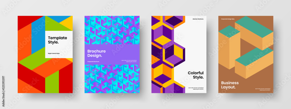 Bright catalog cover vector design illustration bundle. Simple geometric hexagons corporate brochure concept set.