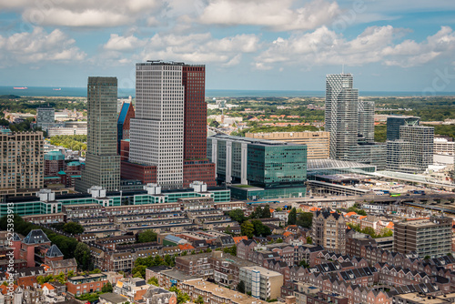 High angle view of the city the Hague with skyscrapers. You can see the sea of Scheveningen in the background
