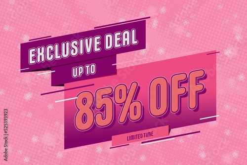 85 eighty-five Percent off super sale shopping halftone pink banner. mega sale flash sale photo