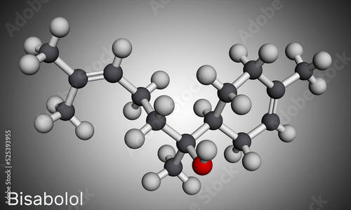 Bisabolol, alpha-Bisabolol, levomenol molecule. It is natural monocyclic sesquiterpene alcohol. Molecular model. 3D rendering photo