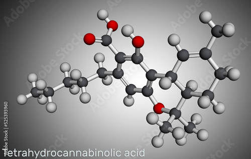 Tetrahydrocannabinolic acid, THCA, tetrahydrocannabinolate molecule. Precursor of tetrahydrocannabinol THC. Molecular model. 3D rendering. photo