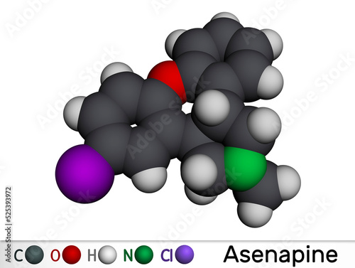 Asenapine molecule. It is atypical antipsychotic, used to treat bipolar disorder and schizophrenia. Molecular model. 3D rendering. photo