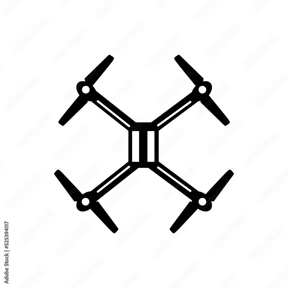 Quadcopter silhouette on white. drone View from above. Video filming motives, transport, flight, aircraft, techno, gadgets, objects of modern technology, photography from the air