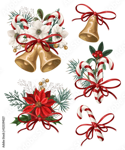 Christmas botanical plants, flowers and bells isolated. Textile or wallpaper print.