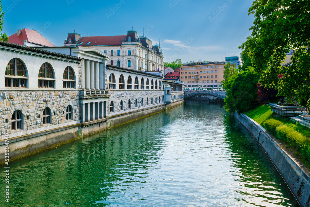 The banks of the Ljubljanica river canal and historic buildings