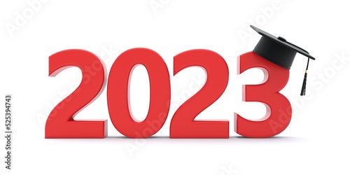 2023 New Academic Year, Class Graduation. Red number and grad cap isolated on white.