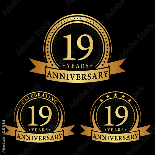 19 years anniversary logo collections. Set of 19th Anniversary logotype template. Vector and illustration.