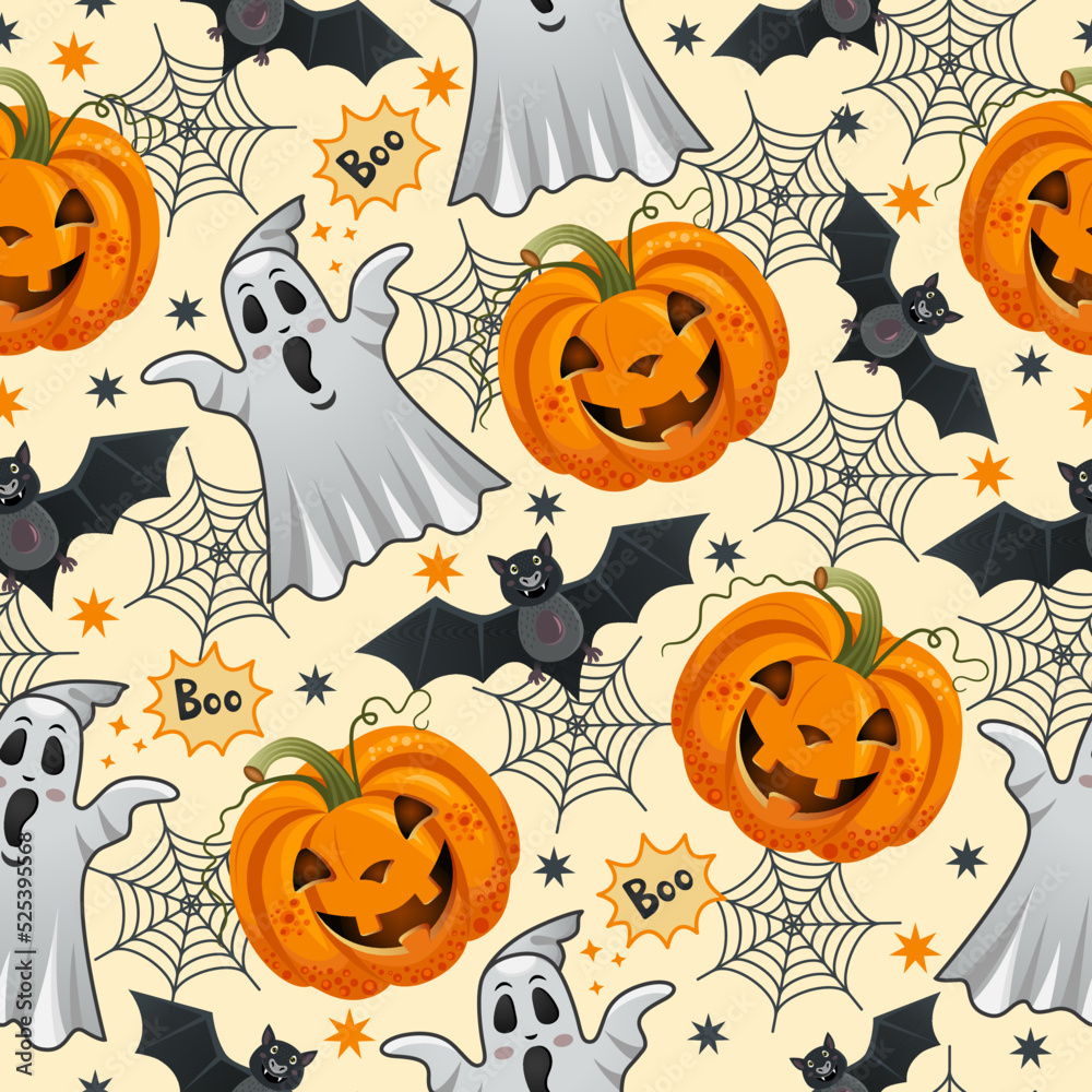 Seamless holiday pattern with pumpkins and ghosts. Background from Halloween attributes. Template from repeating bats and cobwebs. Vector illustration. Seamless holiday pattern with pumpkins and ghosts. Background from Halloween attributes. Template from repeating bats and cobwebs. Vector illustration.