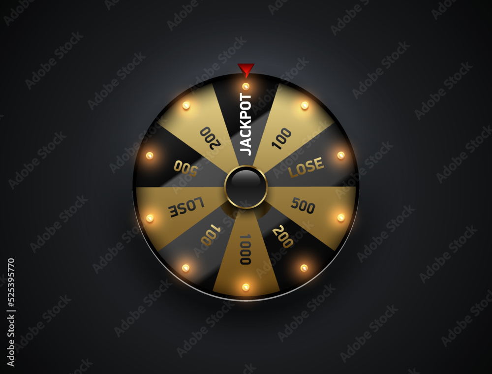 Luxury fortune wheel spin mashine. Cut frame, isolated on black background. Casino banner design element or icon. Golden and glossy black sector with led bulb light - obrazy, fototapety, plakaty 